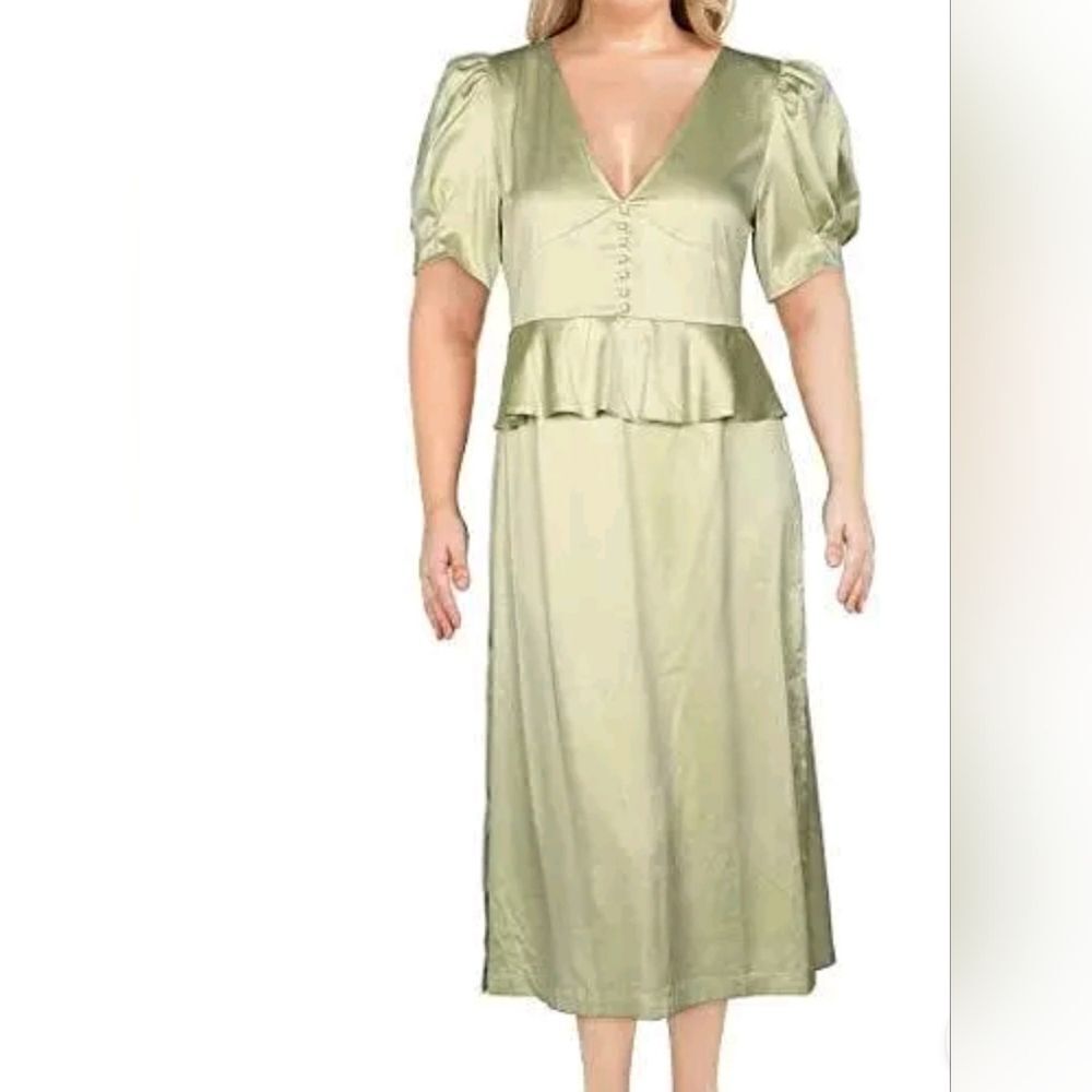 Danielle Bernstein 12 Puff-Sleeve Dot-Print Zip Peplum Olive Midi Women Dress